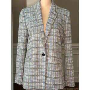 Loft Plaid Tweed Blazer w/Single Button Closure Light Blue and White Sz 12